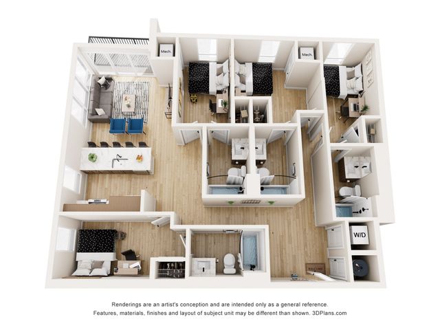 Modern 3D floor plan showcasing a 4-bedroom apartment with an open-concept living area, sleek kitchen with island seating, and 4 stylish bathrooms. Plenty of natural light and functional layout ideal for comfort and space.