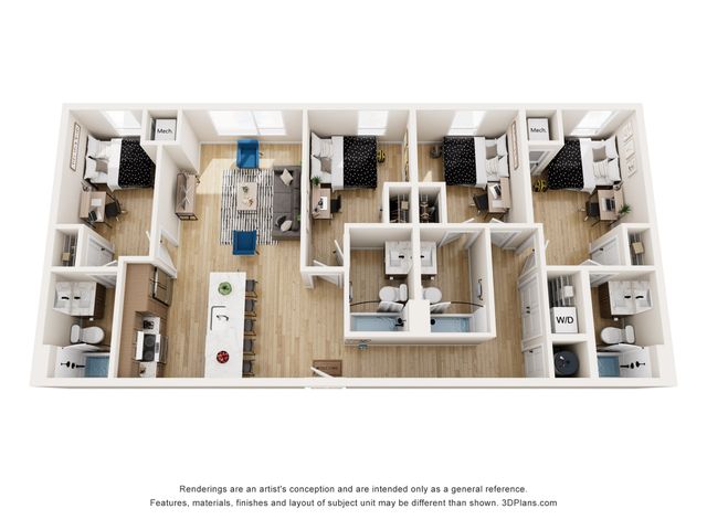 Modern 3D floor plan showcasing a chic apartment with four bedrooms, an inviting open-concept living space, sleek kitchen, and four stylish bathrooms.