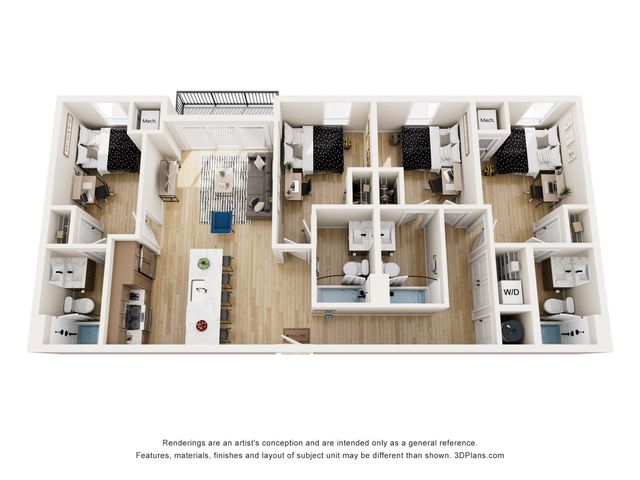 Modern 3D floor plan showcasing 4 spacious bedrooms, airy open-plan living area, sleek kitchen with island, and 4 stylish bathrooms.