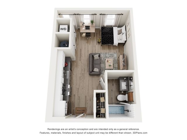 Chic studio apartment floor plan showcasing an open-concept living area with a modern kitchen, cozy bedroom, sleek bathroom, and convenient in-unit laundry, ideal for urban living.