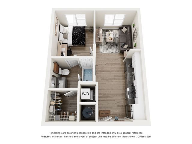 Charming 1-bedroom apartment floor plan showcasing open-concept living and dining area, modern kitchen, and convenient in-unit laundry.