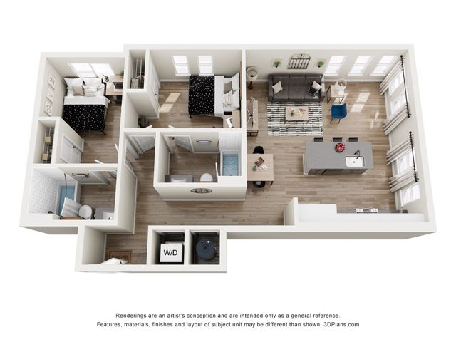Contemporary 3D apartment floor plan showcasing 2 cozy bedrooms, a modern kitchen with an island, sleek living area, and two bathrooms for comfortable living.