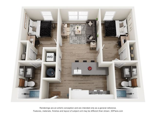 Contemporary 3D floor plan featuring 2 bedrooms, a chic living room, and a modern kitchen with island seating.