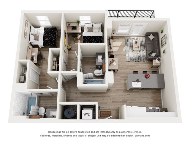 Modern 3D floor plan featuring two cozy bedrooms, a sleek bathroom, and an open-concept living area with a kitchen and dining space. Includes a private balcony and in-unit washer/dryer for added convenience.