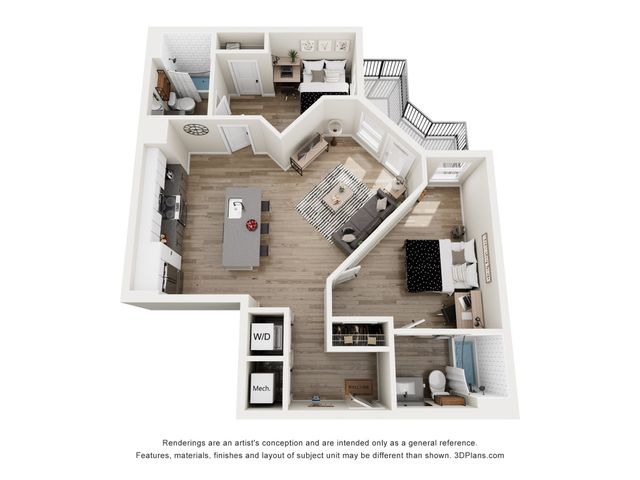 Modern 3D floor plan featuring a spacious open-floor kitchen with a central island, two cozy bedrooms, and a bright living area with large windows and balcony access.