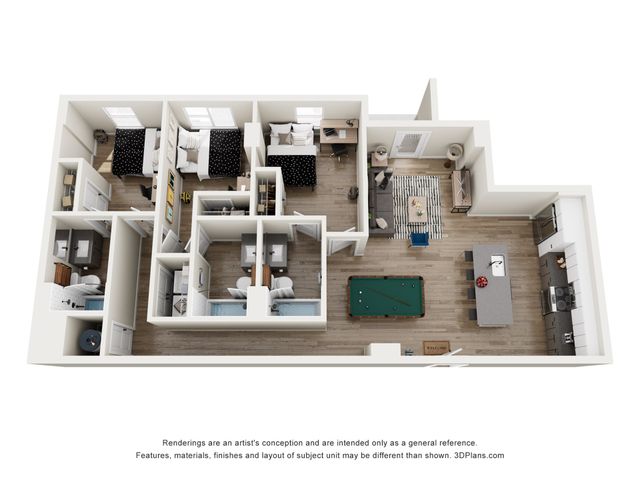 Spacious 3D floor plan featuring three stylish bedrooms, modern kitchen with bar seating, cozy living room, and a game area with pool table.