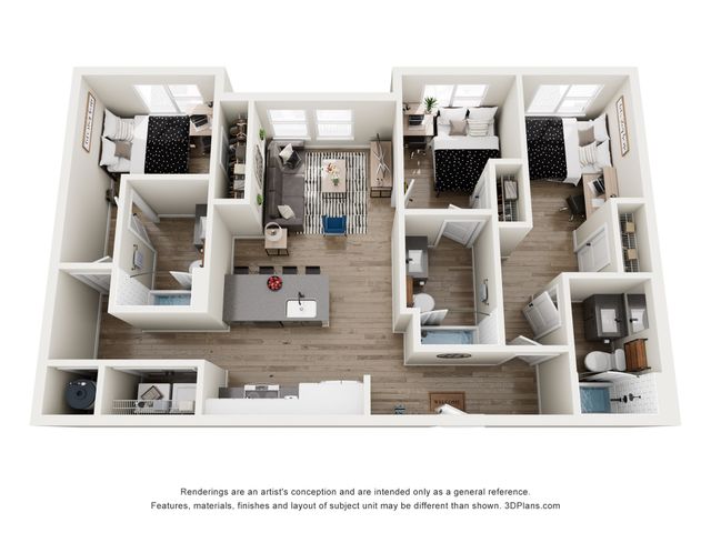 Chic apartment floor plan featuring 3 bedrooms, a modern open kitchen, cozy living area, and two stylish bathrooms.