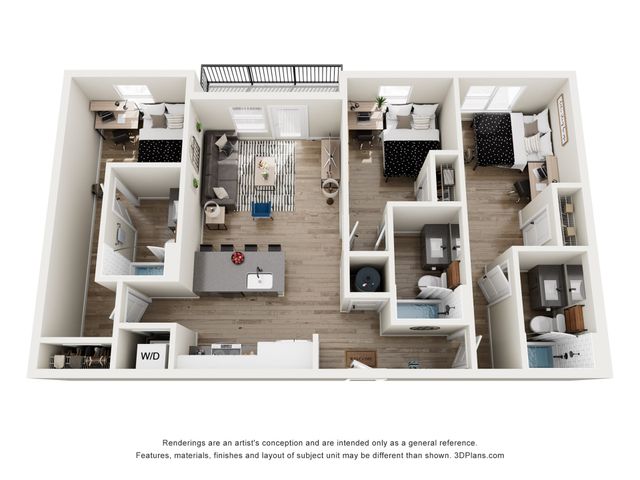 Modern 3D floor plan showcasing 3 bedrooms, a cozy living area, an open kitchen with island seating, and two sleek bathrooms.