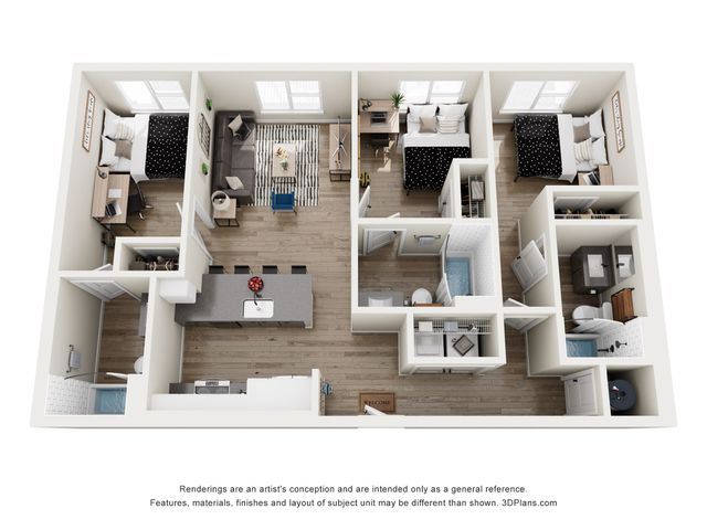 Modern 3D floor plan showcasing a stylish apartment with 3 bedrooms, a cozy living room, and a sleek open kitchen design.