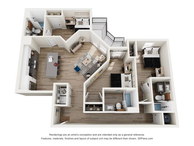 Modern 3D floor plan of a spacious apartment featuring three elegant bedrooms, a stylish open-plan kitchen with island, cozy living room, and two contemporary bathrooms.