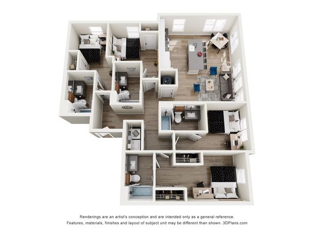 Modern 3D floor plan featuring 4 spacious bedrooms, an open-concept living and dining area, sleek kitchen with island, and ample natural light.