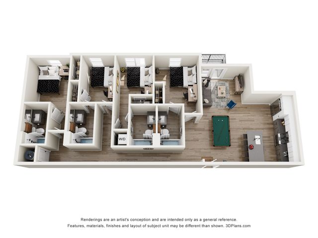 Modern 3D floor plan showcasing a spacious apartment with four bedrooms, three bathrooms, a stylish open-concept living area, and a well-equipped kitchen. Includes a billiard table and cozy balcony space.