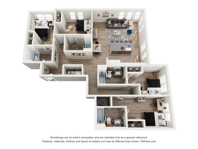 Modern 3D floor plan highlighting 4 bedrooms and a stylish open-concept living area with a sleek kitchen.