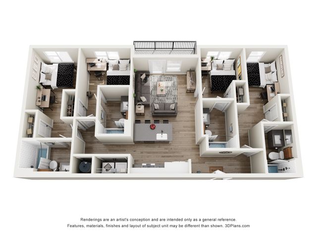 Modern 3D floor plan showcasing 4 bedrooms, open living and dining area, and a stylish kitchen, ideal for contemporary living.