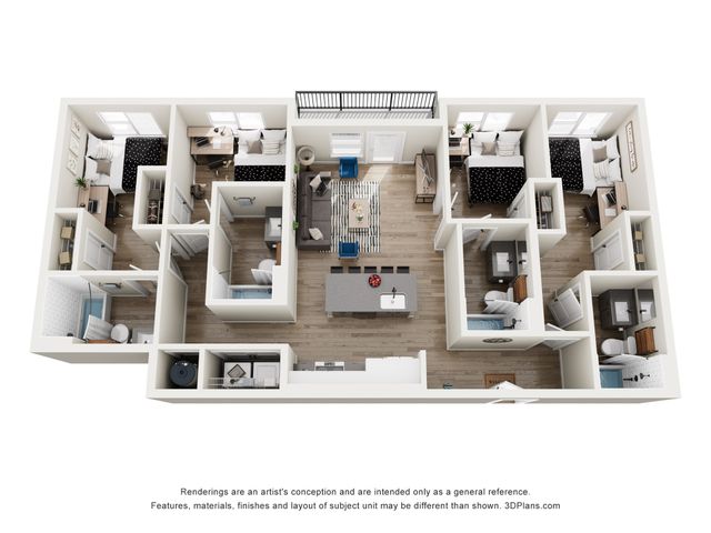 Elegant 3D floor plan featuring four spacious bedrooms, a modern open-plan living area, and a sleek kitchen. Ideal for comfortable family living.
