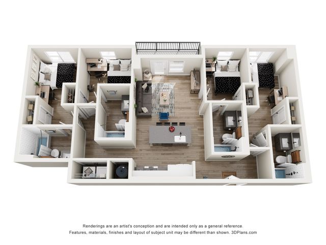 Modern 3D floor plan showcasing four bedrooms, a stylish open-concept living area, and a sleek kitchen with contemporary finishes.