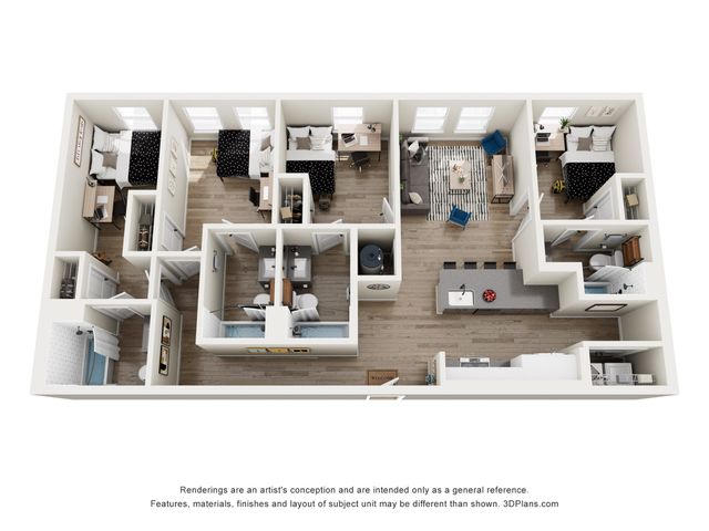 Modern 4-bedroom apartment floor plan with spacious living room, open kitchen, and two stylish bathrooms.