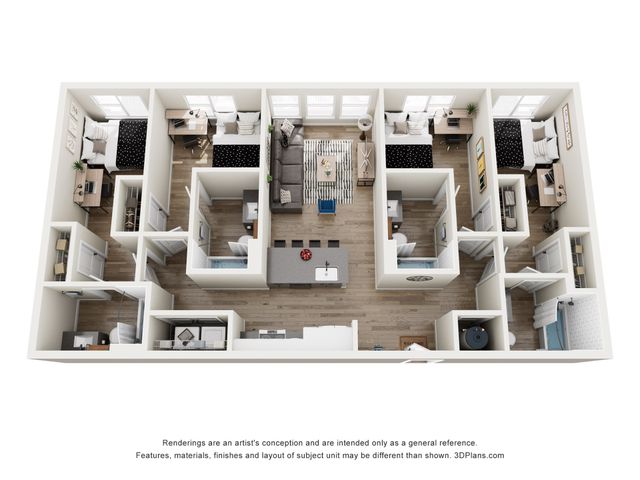 Contemporary 3D floor plan showcasing four cozy bedrooms, a sleek open living room, and a modern kitchen with a central island.