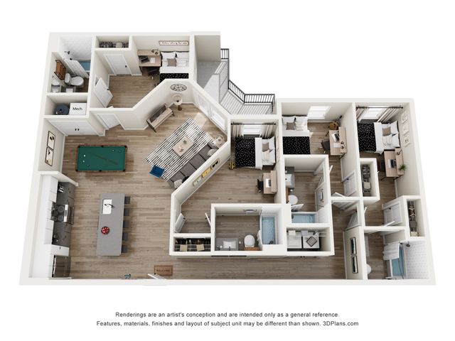 Stylish 3D apartment floor plan featuring 4 bedrooms, a spacious open-concept living and dining area, modern kitchen with island, and a recreational room with pool table. Includes two bathrooms and a private balcony.