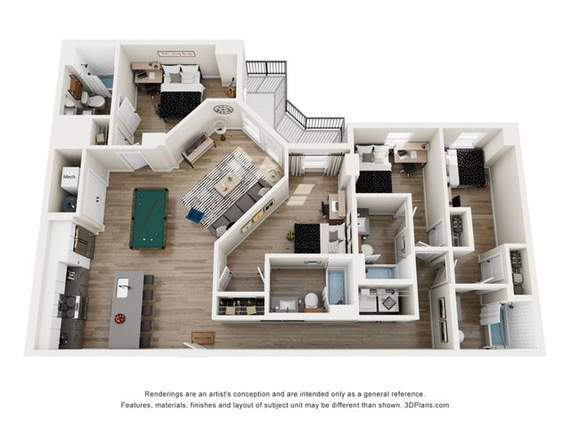 Luxurious 3D floor plan showcasing 4 bedrooms, chic open-plan living area with pool table, modern kitchen with island, and contemporary bathrooms.