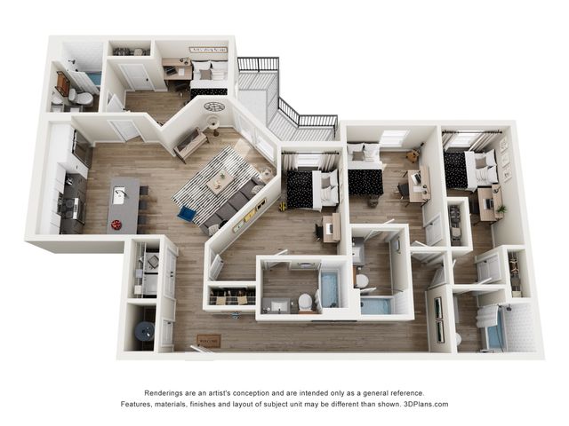 Modern 3D apartment floor plan with 4 bedrooms, open-concept kitchen, spacious living area, and 2 bathrooms, featuring a balcony and stylish furnishings.
