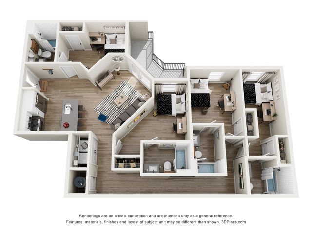 Modern 3D floor plan showcasing 4 bedrooms, an inviting open-concept living room, and a sleek kitchen with an island. Ideal for comfortable living.