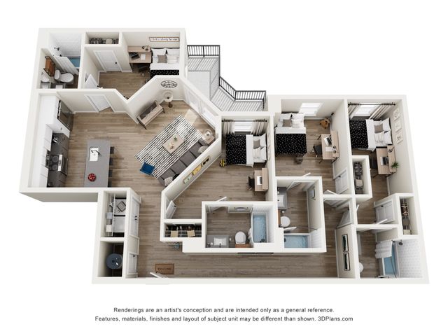 Modern 3D floor plan showcasing 4 bedrooms, a stylish kitchen, and a cozy living area, ideal for family living.