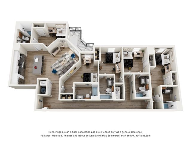 Modern 3D floor plan showcasing 4 cozy bedrooms, elegant living area, gourmet kitchen, and private balcony.
