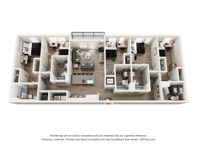 Modern 3D floor plan displaying 5 bedrooms, stylish open-concept living room, and integrated kitchen with island seating.
