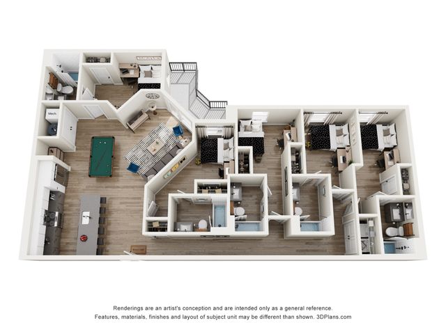 Modern open-plan apartment layout featuring five bedrooms, a spacious living area with pool table, and a sleek kitchen with an island. Enjoy comfort and style with two bathrooms and a private balcony.