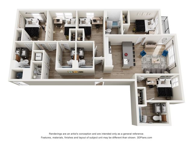 Modern 3D floor plan showcasing a spacious five-bedroom apartment with two bathrooms, an open-concept kitchen, and a stylish living area.