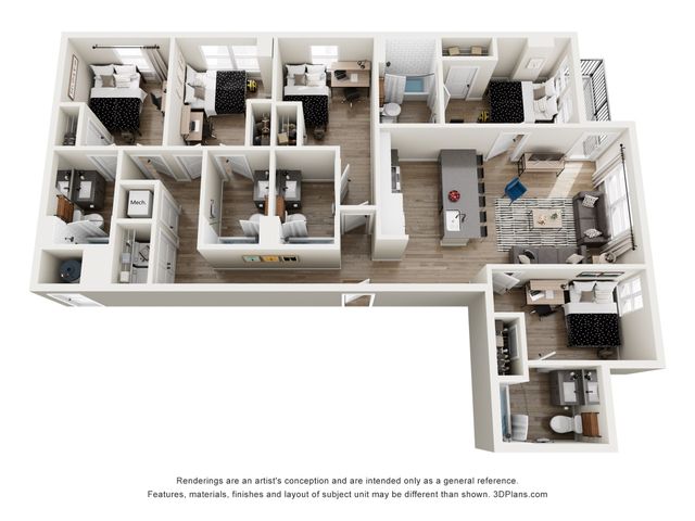 Inviting 3D floor plan with five cozy bedrooms, two modern bathrooms, a contemporary kitchen with island, and a stylish open-concept living and dining area.
