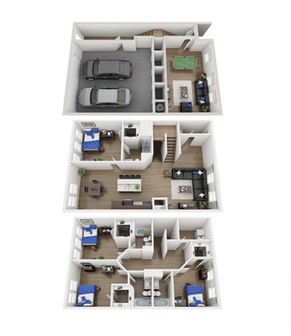 Modern 3D floor plan featuring three spacious bedrooms, a stylish living room, a contemporary kitchen, and a two-car garage. Includes a game room and sleek interiors for a comfortable lifestyle.