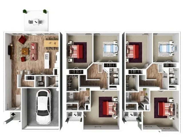 Elegant floor plan featuring three bedrooms, a cozy open-concept living room, modern kitchen, and an attached garage.