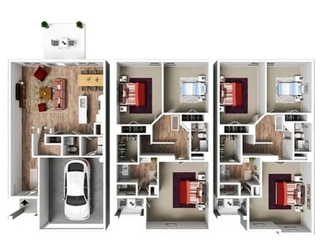 Modern 3D floor plan featuring 4 spacious bedrooms, a cozy living area, and open kitchen layout with attached garage.