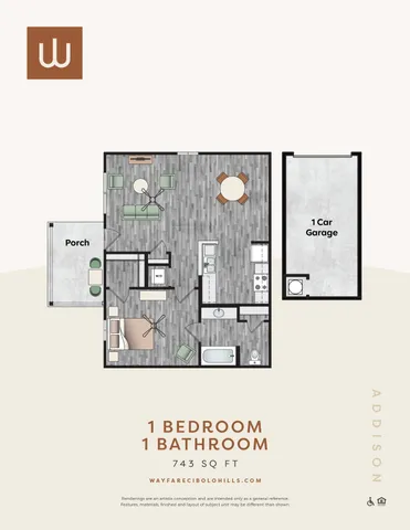 Chic floor plan of a 1 bedroom, 1 bathroom apartment with a cozy living area, modern kitchen, and private porch, including a 1-car garage at Wayfare Cibolo Hills.