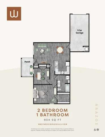 Contemporary 2D floor plan of a stylish 2 bedroom, 1 bathroom apartment with an open living area, cozy porch, and attached 1-car garage, 934 sq ft.