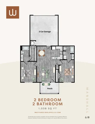 Modern floor plan with 2 bedrooms, 2 bathrooms, and spacious 2-car garage. Includes open-concept living and dining area with access to a cozy porch. Total area of 1,038 sq ft.