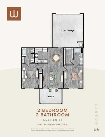 Modern floor plan showcasing 2 bedrooms, 2 bathrooms, open kitchen, inviting living area, and a 2-car garage in 1,067 sq ft.