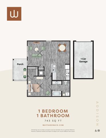 Modern floor plan showcasing a stylish 1 bedroom, 1 bathroom apartment with a cozy porch, spacious living area, and 1 car garage, covering 743 sq ft.