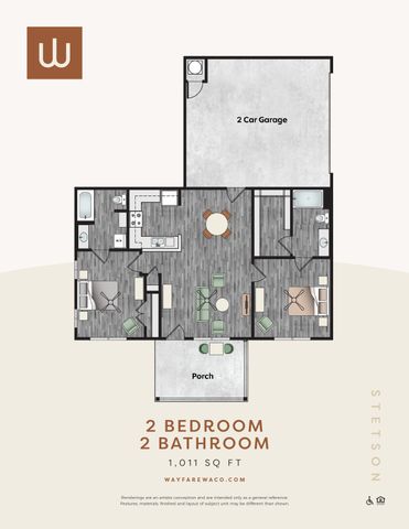 Modern Wayfare Waco floor plan featuring 2 bedrooms, 2 bathrooms, spacious living area, and 2 car garage. Includes inviting porch in 1,011 sq ft.