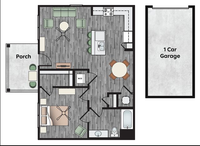 Modern floor plan showcasing a cozy 1-bedroom apartment with open-concept living space, stylish kitchen, inviting porch, and 1-car garage.