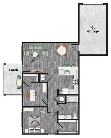 Contemporary floor plan showcasing 2 cozy bedrooms, inviting living area, modern kitchen, and 1 car garage with a charming porch.