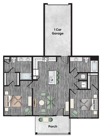 Inviting 2-bedroom floor plan with a modern kitchen, open living area, two full bathrooms, a cozy porch, and a convenient 1-car garage.