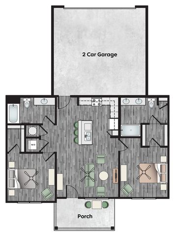 Elegant floor plan highlighting 2 bedrooms, open living space, modern kitchen with island, dual bathrooms, a porch, and a 2-car garage.