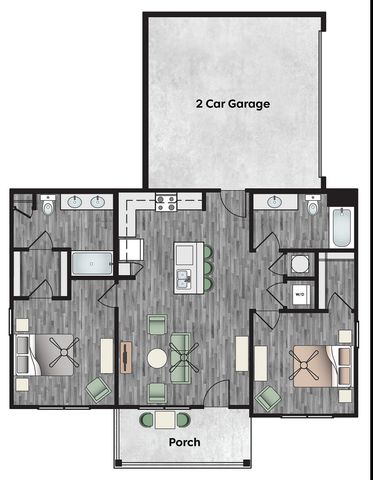 Inviting floor plan showcasing 2 bedrooms with en suite baths, a modern kitchen, cozy living area, and a 2-car garage with a porch for relaxing outdoor moments.