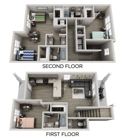 Inviting two-story floor plan showcasing a modern open-concept living area on the first floor, and three cozy bedrooms on the second floor. Features include a spacious kitchen with an island, stylish living room, and multiple bathrooms for convenience.