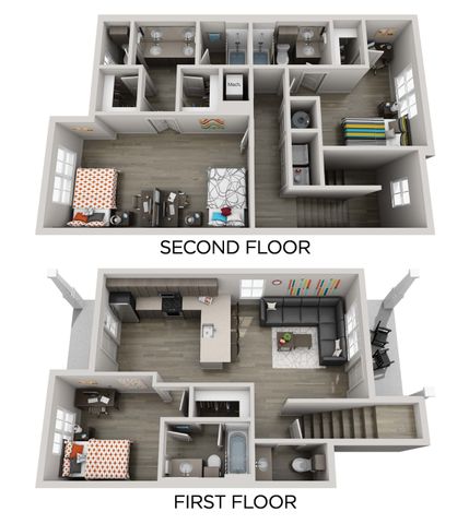 Charming two-story floor plan with spacious living room, modern kitchen, and cozy bedrooms, including a dedicated office space.