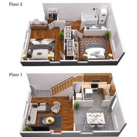 Chic two-level floor plan showcasing modern living with two bedrooms, stylish open-concept kitchen, cozy living area, and elegant dining space.