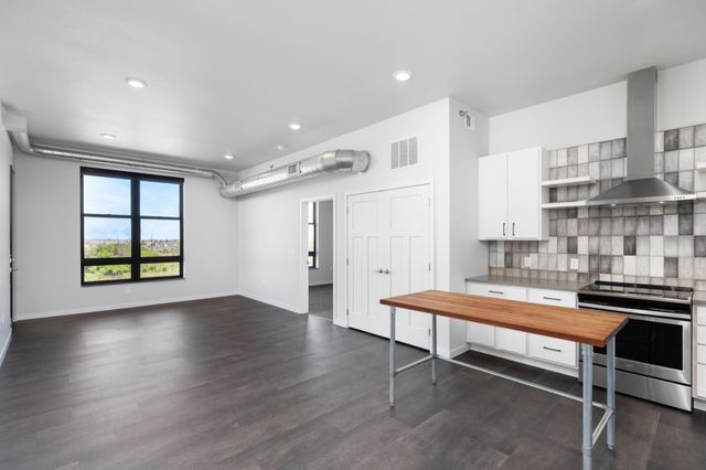 Modern open-concept apartment with sleek dark flooring, stylish kitchen, and large window offering scenic views.